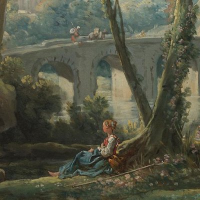 Paysage pastoral avec une rivière (Projet de décor de théâtre pour Issé ?)  - Boucher