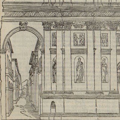Frons scenae du théâtre romain (Vitruve, trad. Barbaro, Venise, Franceschi, 1567)