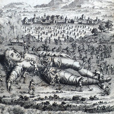 Le réveil de Gulliver à Lilliput (Voyages de Gulliver, I, 1796)