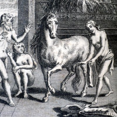 Gulliver s’habille chez les Houyhnhnms (Voyages de Gulliver, IV, 1796)