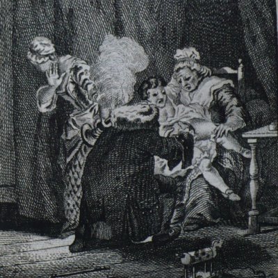 Suzanne enflamme la perruque du docteur Bran (Tristram Shandy, 1784, III, 188)