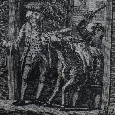 L’âne résiste à Tristram et refuse d’entrer (Tristram Shandy, 1784, IV, 81) 