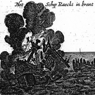 Explosion du navire de Heyn Rol (Verhael van de Avontuerlijke Reyse…, p9, in Oost en Westindische Voyagien..., 1650)