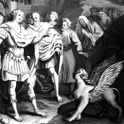 Œdipe et le sphinx (Frontispice de l’Œdipe de Voltaire, éd. 1747) - Bernigeroth
