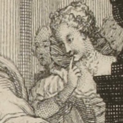 Anselme devant la fée Manto (Le petit chien. La Fontaine, Contes, 1762) - Eisen