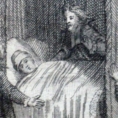 Isabelle & Doria at Justinian's bedside (Ibrahim, ed. 1723, vol. 2)