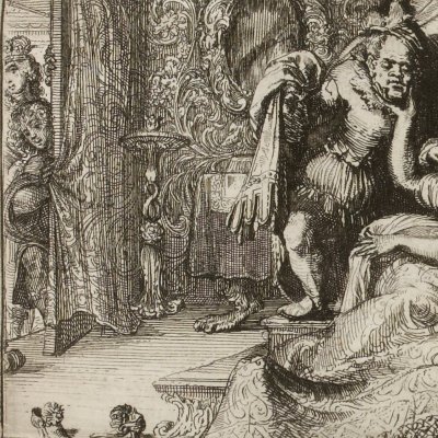 Astolphe et Joconde surprennent la reine avec son nain. Gravure de Romeyn de Hooghe