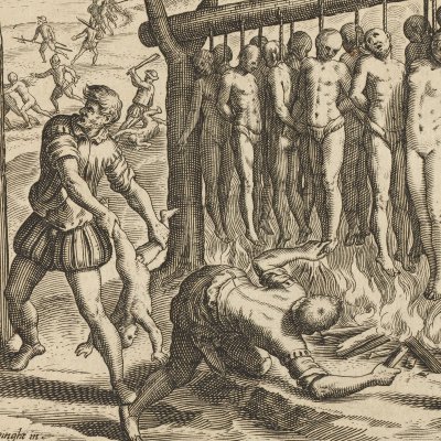 Treize pendus brûlés (Las Casas, Destruction des Indes, 1598) - Th. de Bry