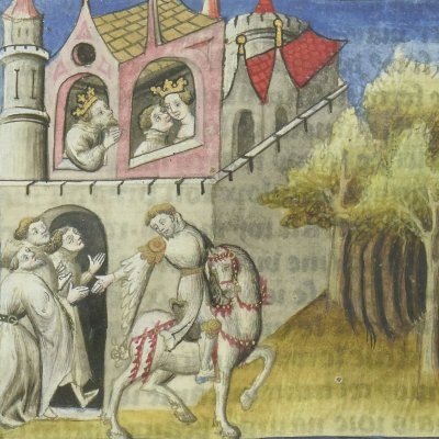 Marc surprend Tristan dans la chambre d’Yseut (Tristan en prose, Ms Fr100)