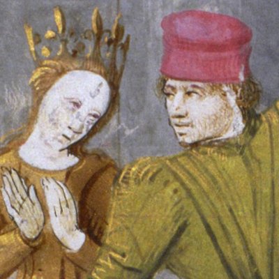 Marc lève son épée sur Tristan et Yseut (Tristan en prose, Français 102, fol 64v)