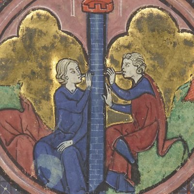 Pyrame & Thisbé communiquant à travers le mur (Roman de la poire, Bnf Fr2186 7v)