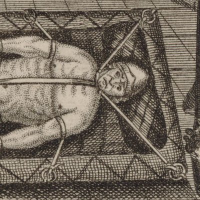 « R. F. Damiens lié sur un grabat dans la tour de Mongoméry »