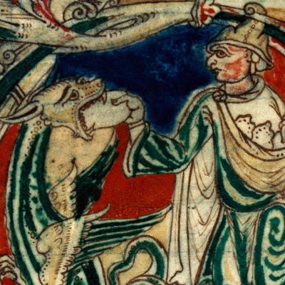 Lettrine avec Daniel empoisonnant le dragon (Bible de Reims)