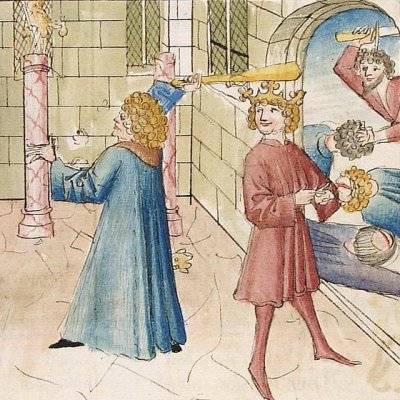 Daniel et Cyrus contre le temple de Bel (Bible de Heidelberg, Cod. Pal. Germ. 18)