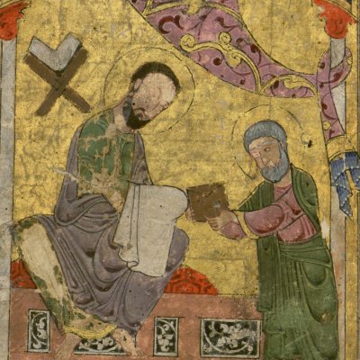 St Marc se faisant porter un livre (Évangéliaire copte-arabe de Fels, fol 65v)