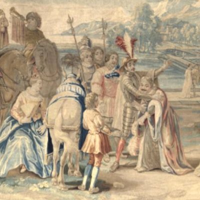 Don Quichotte prend congé de Sancho Pansa à son départ pour l'île de Barataria (tapisserie)