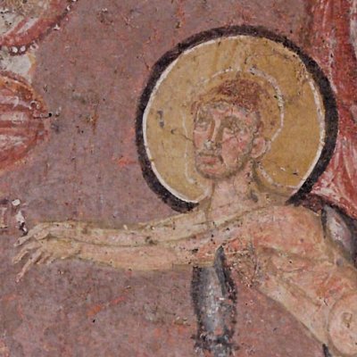 St Érasme flagellé en présence de l’empereur Dioclétien (fresque romaine du 8e s)
