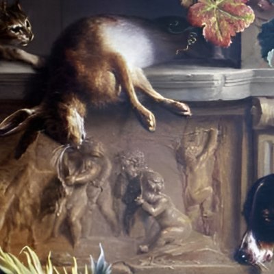 Nature morte au gibier, avec chien, chat, lièvre et bas-relief - Desportes