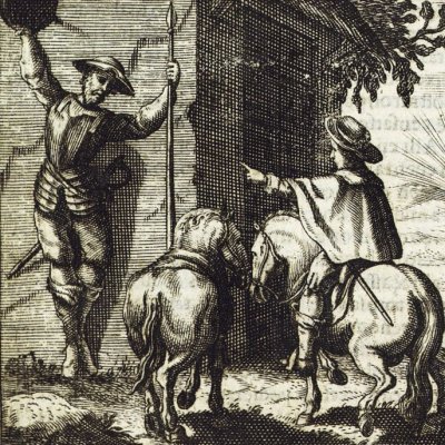 Don Quixote hanging from the window (Don Quixote, Madrid, 1674) - Obregón