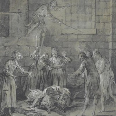 La Rappinière embroché par une chèvre (Dessins pour le Roman comique) - Oudry