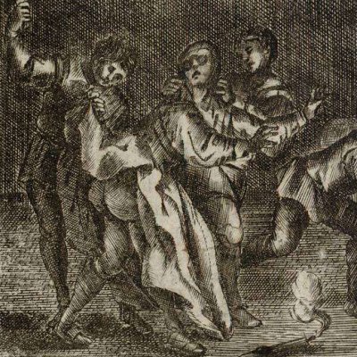 Doña Rodriguez fessée devant D. Q. (Don Quichotte, Madrid, 1674) - Obregón