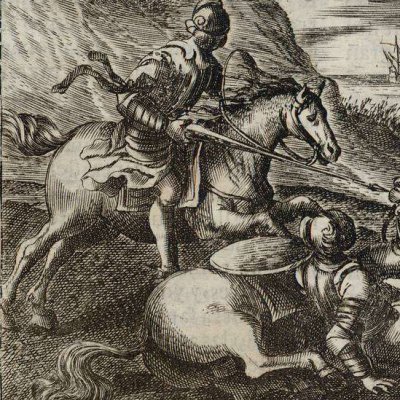 Don Quixote defeated by the Chevalier de Blanche-Lune (Don Quixote, Madrid, 1674) - Obregón