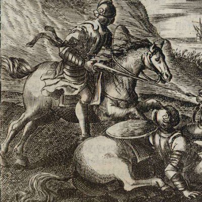 Don Quichotte vaincu par le chevalier de Blanche-Lune (Don Quichotte, Madrid, 1674) - Obregón