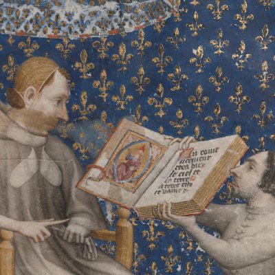 Dédicace du livre au roi Charles V (Bible historiale de Petrus Comestor, F2r) - Jean Bondol