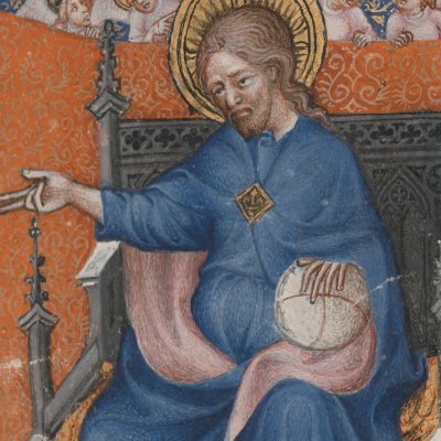 Dieu le père entre les 4 évangélistes (Bible historiale de Petrus Comestor, F3r) - Jean Bondol