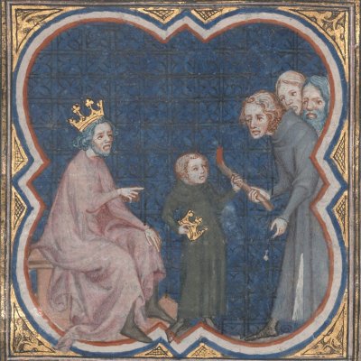 Pharaon traite Moïse comme un fils (Bible historiale de Petrus Comestor, F48v) - Jean Bondol