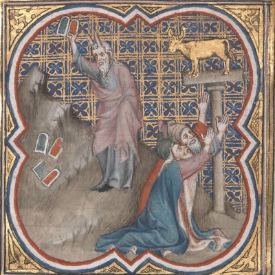 Moïse brise les tables de la Loi (Bible historiale de Petrus Comestor, F59v) - Jean Bondol