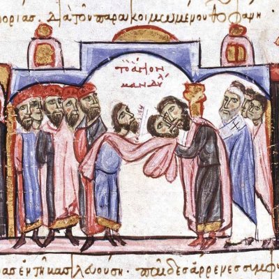 Romain Ier recevant le Mandylion à Constantinople (Chronique de Jean Skylitzes)