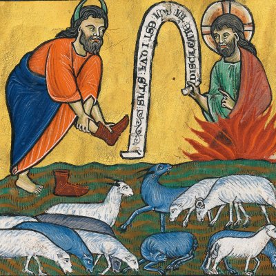 Moïse devant le buisson ardent (Psautier d'or de Munich, Clm 835, F18r)