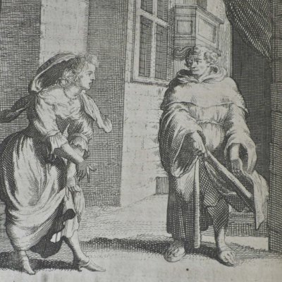 Une dame bâtonnée par le mari déguisé en son amant (Heptam N35, Amsterdam, 1698)