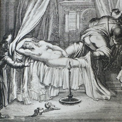 Un éperon pris dans le drap laisse une femme nue (Heptam. N62, Amsterdam, 1698)