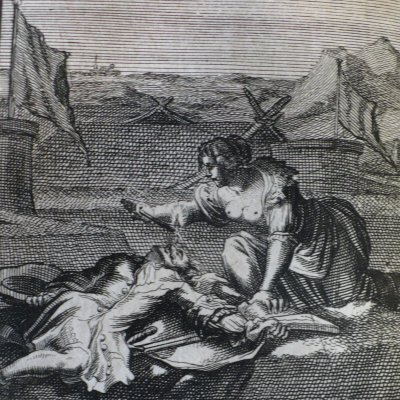 An old woman's candle on a sleeping soldier (Heptam. N65, Amsterdam, 1698)
