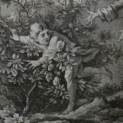 Ragotin s’enfuit nu dans un rosier (Scènes du Roman comique, 17) - Oudry