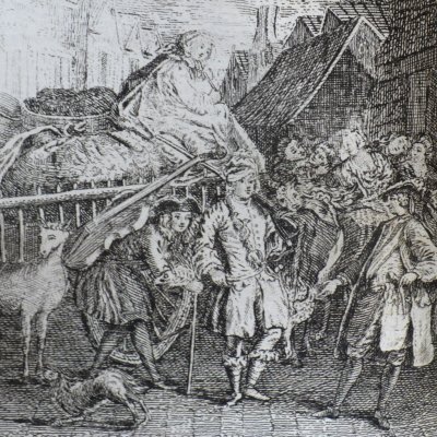 Arrivée des comédiens au Mans (Roman comique, Amsterdam, La Cie, 1766) - d'après Pater