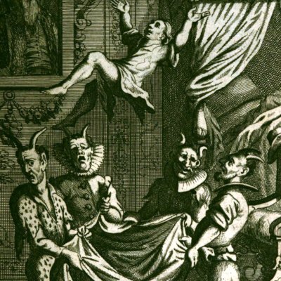 Guzman persécuté par quatre diables à Gênes (G. de Alfarache, Anvers, 1681) - G. Bouttats