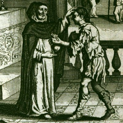 Guzman gives his scholarship to a Dominican (G. de Alfarache, Antwerp, 1681) - G. Bouttats