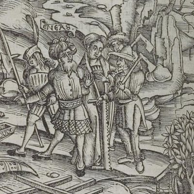 Énée construit sa flotte (Virgile, Énéide 3, éd. Brant, Strasbourg Grüninger 1502, f183v)
