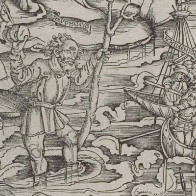 Les Troyens fuient Polyphème (Virgile, Énéide 3, éd. Brant, Strasbourg Grüninger 1502, f206)