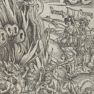 Énée approche du Styx : le champ des pleurs (Virgile, Énéide 6, éd. Brant, Strasbourg Grüninger 1502, f265v)