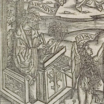 Virgile et sa Muse (Virgile, fontispice de l'Énéide, éd. Brant, Strasbourg Grüninger 1502, f121)