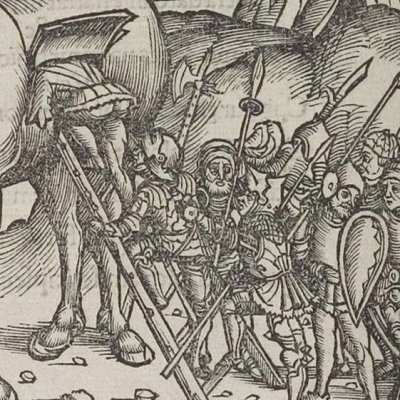 Montée dans le cheval de Troie (Virgile, Énéide 2, éd. Brant, Strasbourg Grüninger 1502, f156)