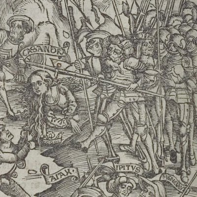 Cassandre emmenée (Virgile, Énéide 2, éd. Brant, Strasbourg Grüninger 1502, f171v)
