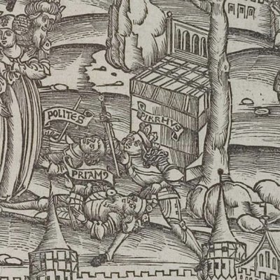 Pyrrhus tue Polites et Priam (Virgile, Énéide 2, éd. Brant, Strasbourg Grüninger 1502, f174v)