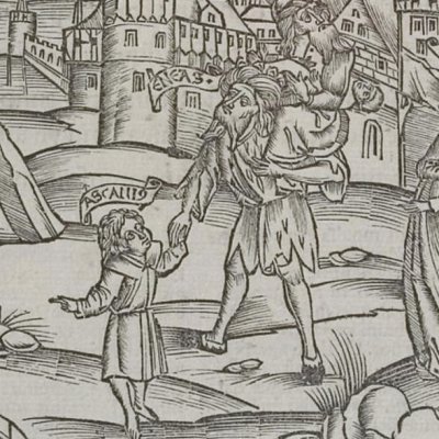 Énée emmène Anchise & Ascagne (Virgile, Énéide 2, éd. Brant, Strasbourg Grüninger 1502, f180)