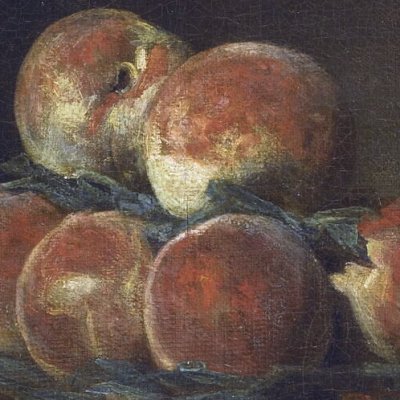 Plateau de pêches avec noix, couteau et verre de vin à demi plein - Chardin