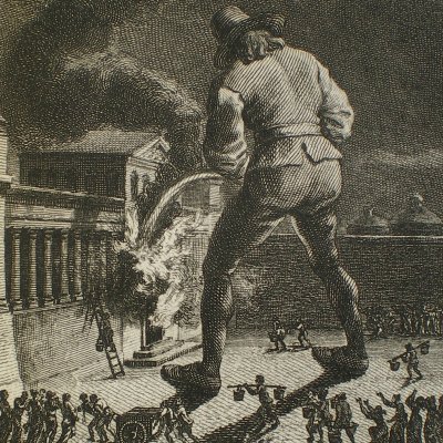 Voyage to Lilliput. Gulliver extinguishes the fire (Gulliver's Travels, 1797)